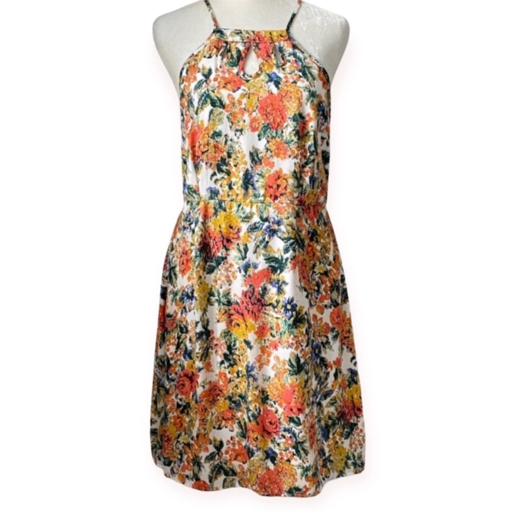 Tulle Floral Silky Dress - Halter Cut - size women's medium - red orange yellow